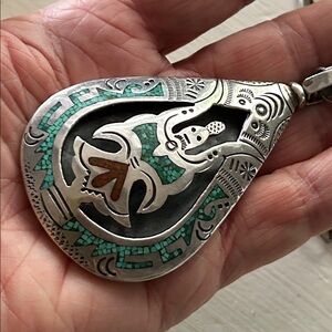 70's Vintage Navajo Silver Reversible inlay turquoise and coral pendant necklace